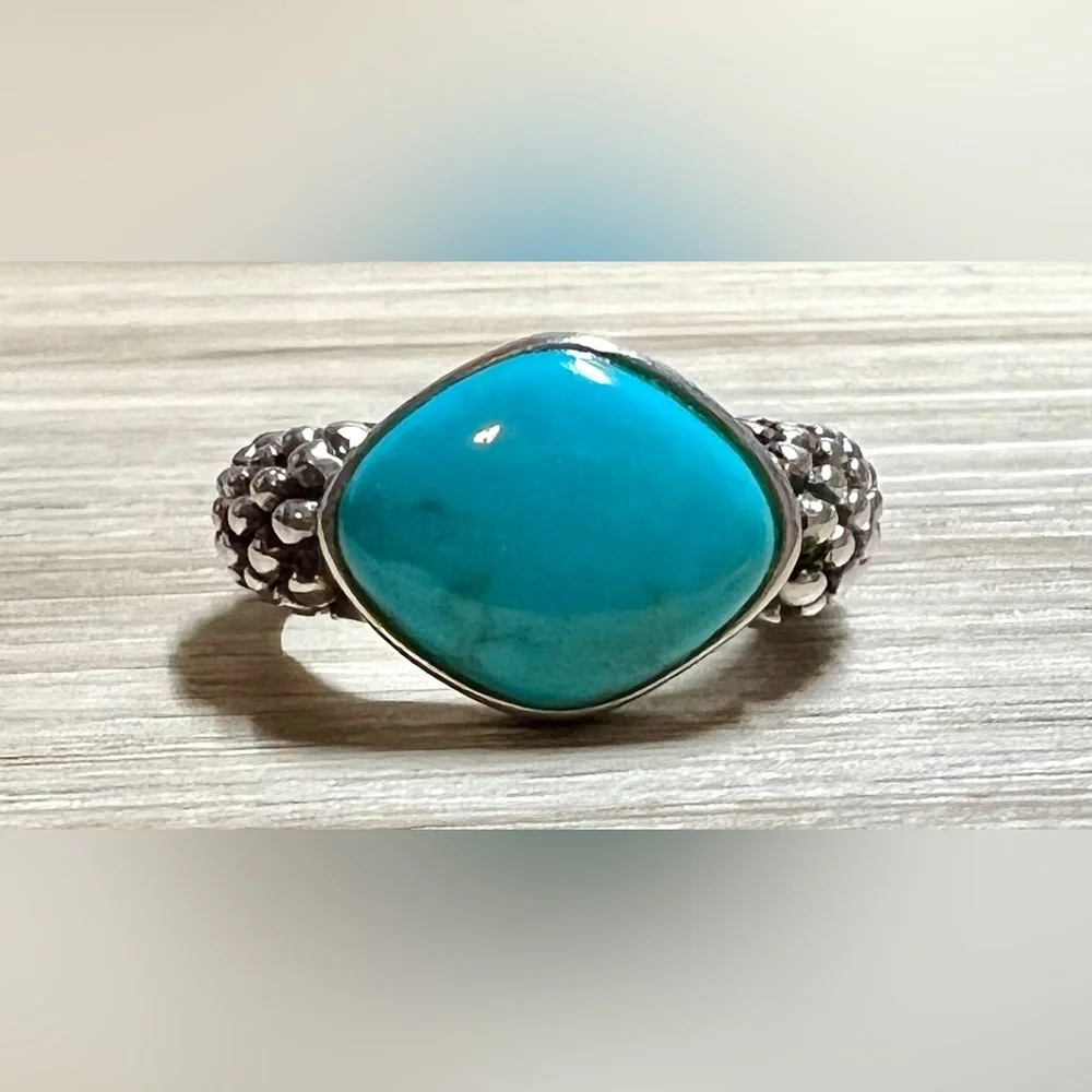 Vintage Designer Sterling Silver Pebbled Caviar Pointed Turquoise Ring, Size 6